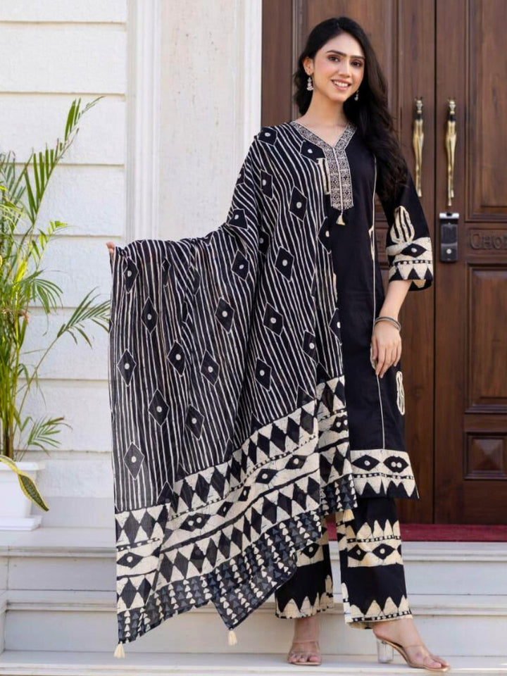 Resham Embroidered Tasseled Cotton Kurta Set with Tribal Aztec Print & Striped Dupatta