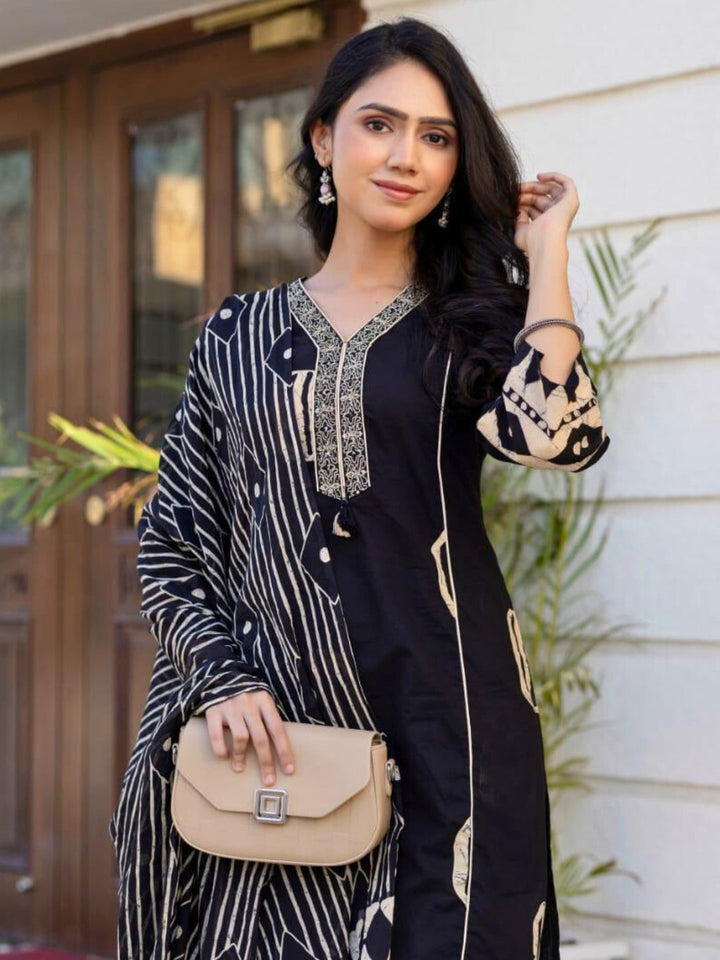 Resham Embroidered Tasseled Cotton Kurta Set with Tribal Aztec Print & Striped Dupatta