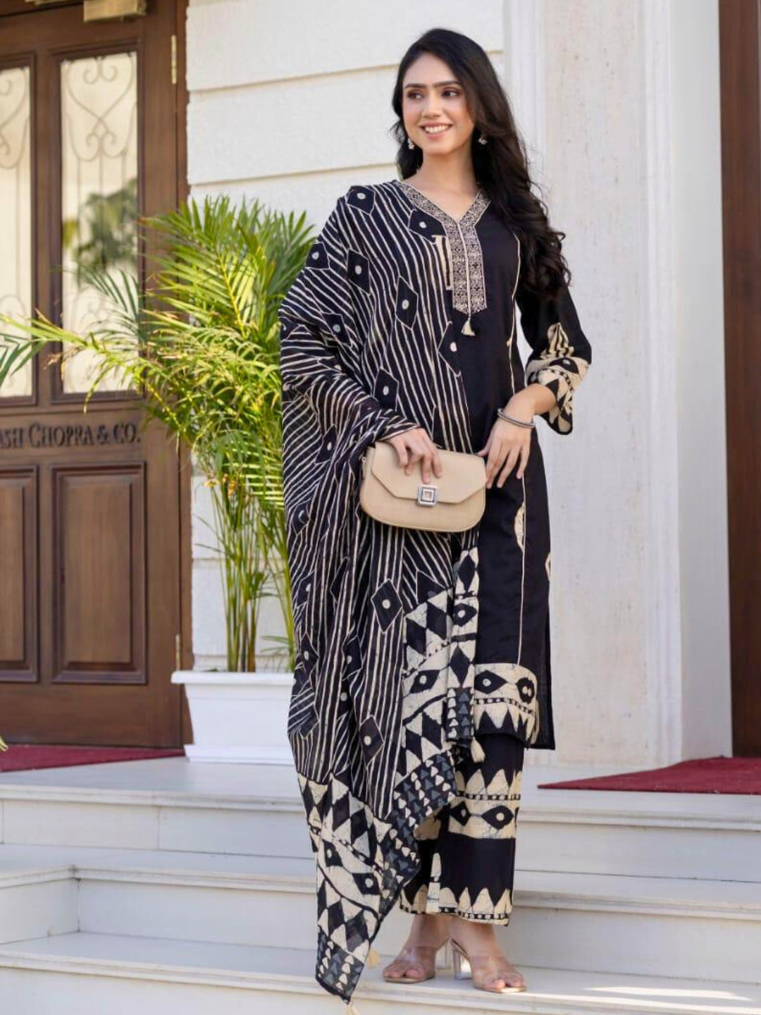 Resham Embroidered Tasseled Cotton Kurta Set with Tribal Aztec Print & Striped Dupatta