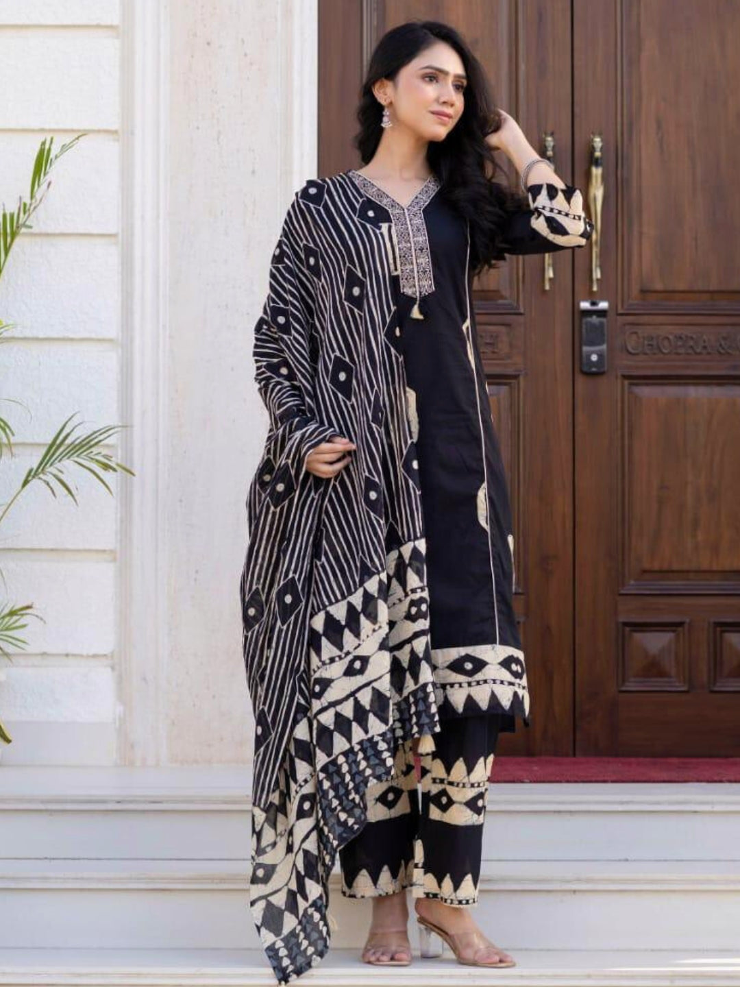 Resham Embroidered Tasseled Cotton Kurta Set with Tribal Aztec Print & Striped Dupatta