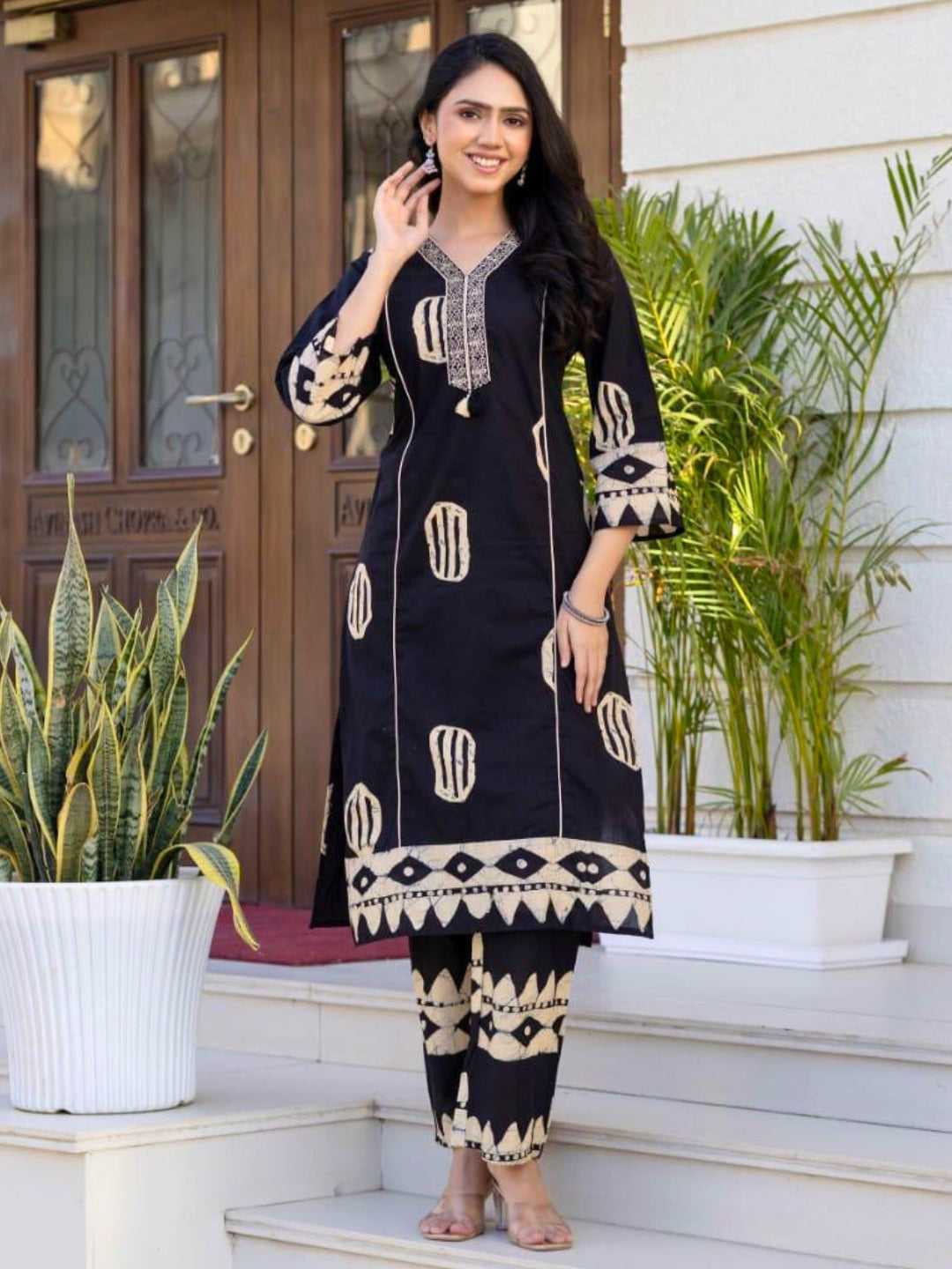 Resham Embroidered Tasseled Cotton Kurta Set with Tribal Aztec Print & Striped Dupatta