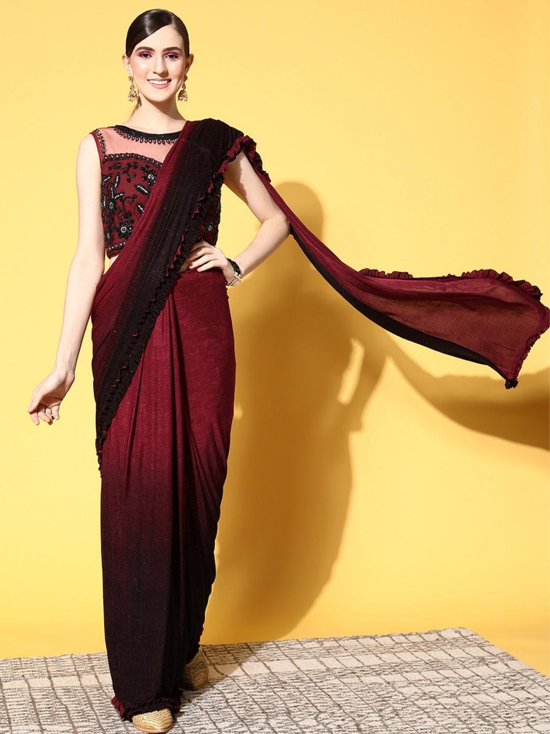 Maroon Ready To Wear Lycra Ombre Saree With Crystal Embroidered Blouse