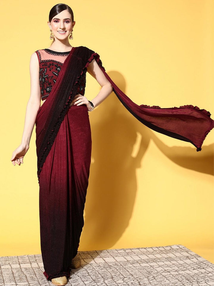 Maroon Ready To Wear Lycra Ombre Saree With Crystal Embroidered Blouse