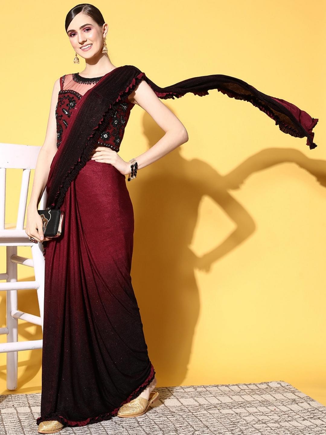 Maroon Ready To Wear Lycra Ombre Saree With Crystal Embroidered Blouse