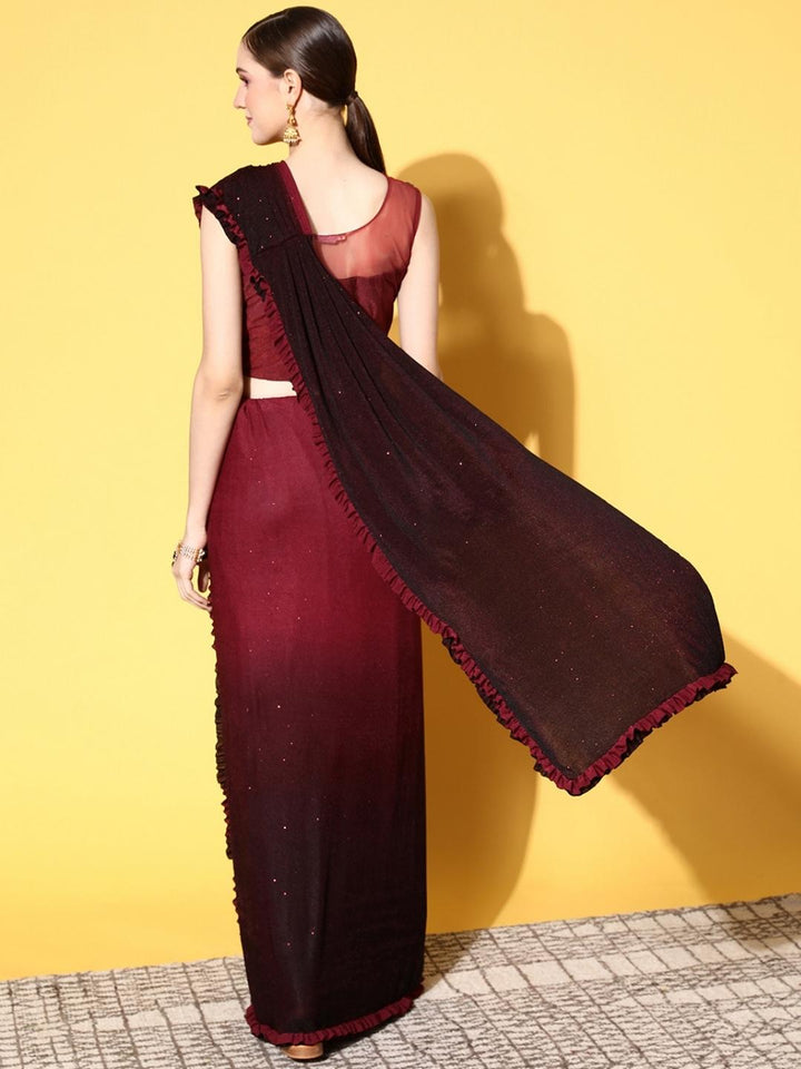 Maroon Ready To Wear Lycra Ombre Saree With Crystal Embroidered Blouse