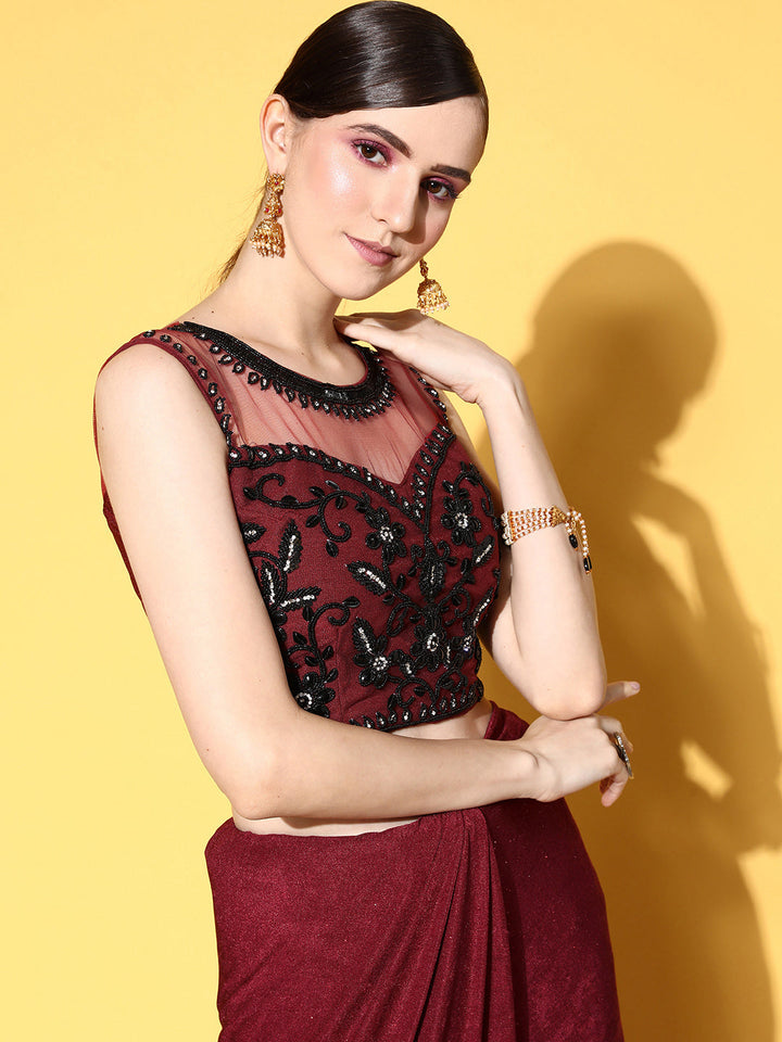 Maroon Ready To Wear Lycra Ombre Saree With Crystal Embroidered Blouse