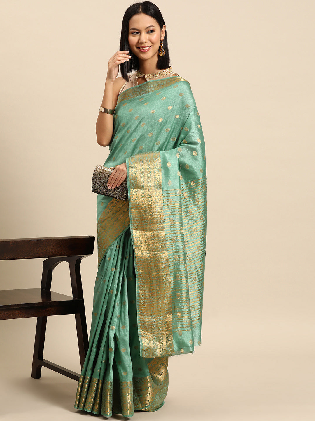 Pista Green Woven Embellished Ethnic Border Mysore Silk Handloom Saree