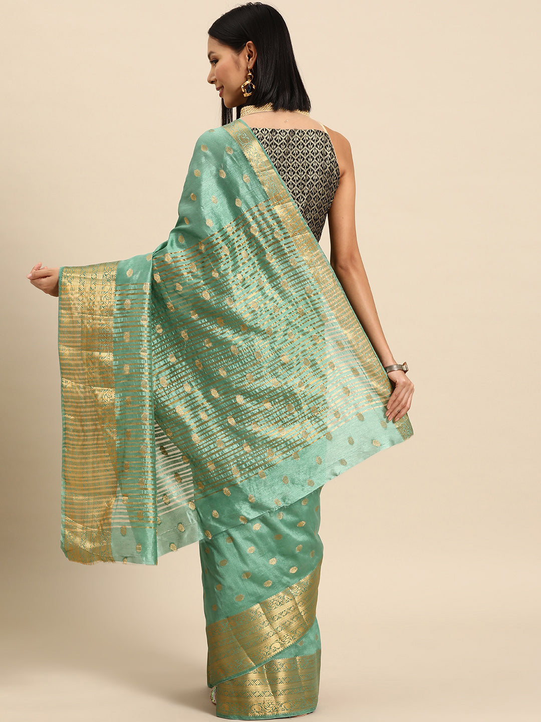 Pista Green Woven Embellished Ethnic Border Mysore Silk Handloom Saree