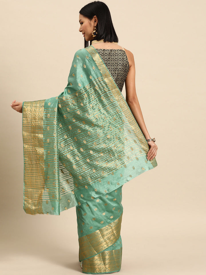 Pista Green Woven Embellished Ethnic Border Mysore Silk Handloom Saree