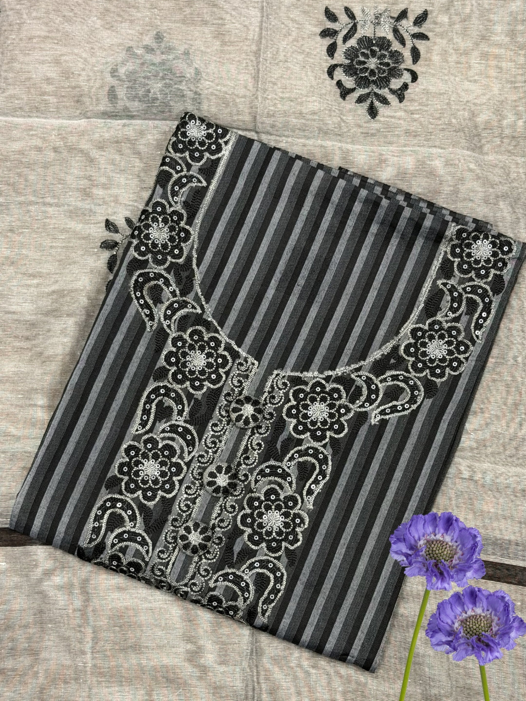 Striped South Cotton Sequinned Unstitched Suit with Floral Resham Embroidery
