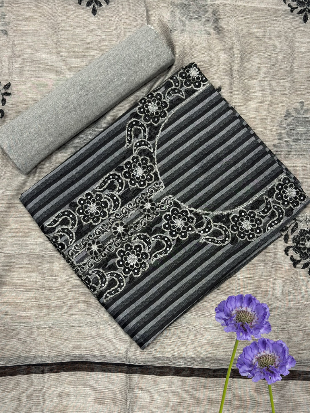 Striped South Cotton Sequinned Unstitched Suit with Floral Resham Embroidery