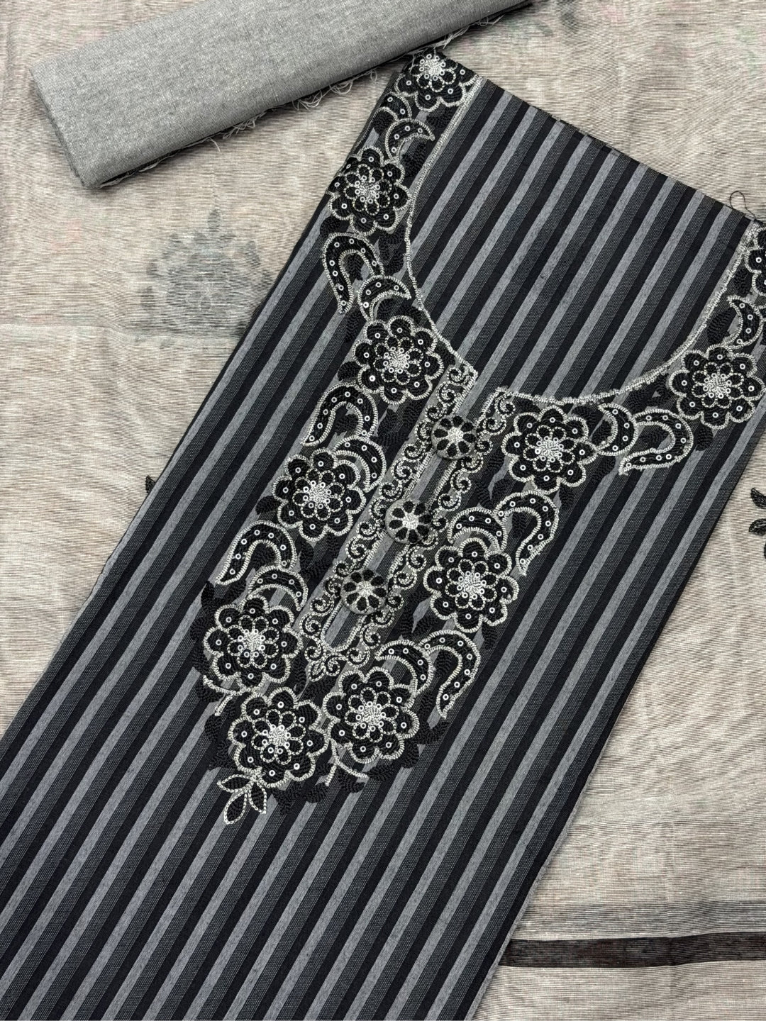 Striped South Cotton Sequinned Unstitched Suit with Floral Resham Embroidery