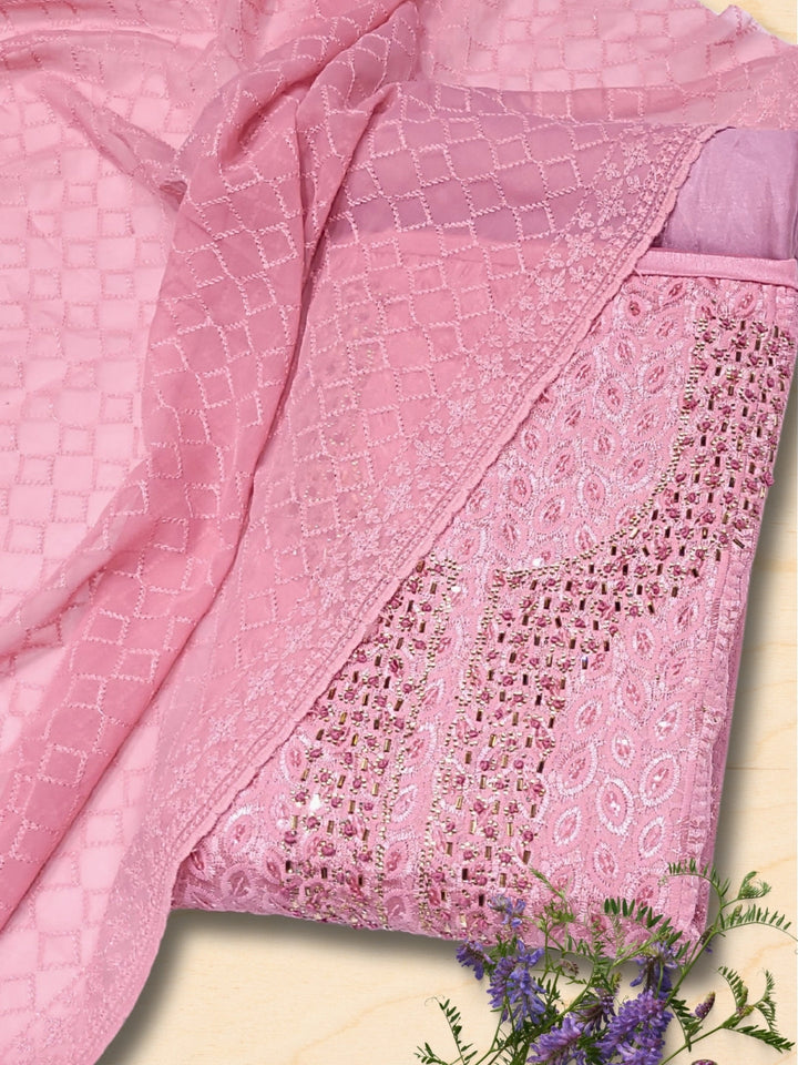 Georgette Schiffli Resham Crystal Embellished Dress Material with Embroidered DUpatta