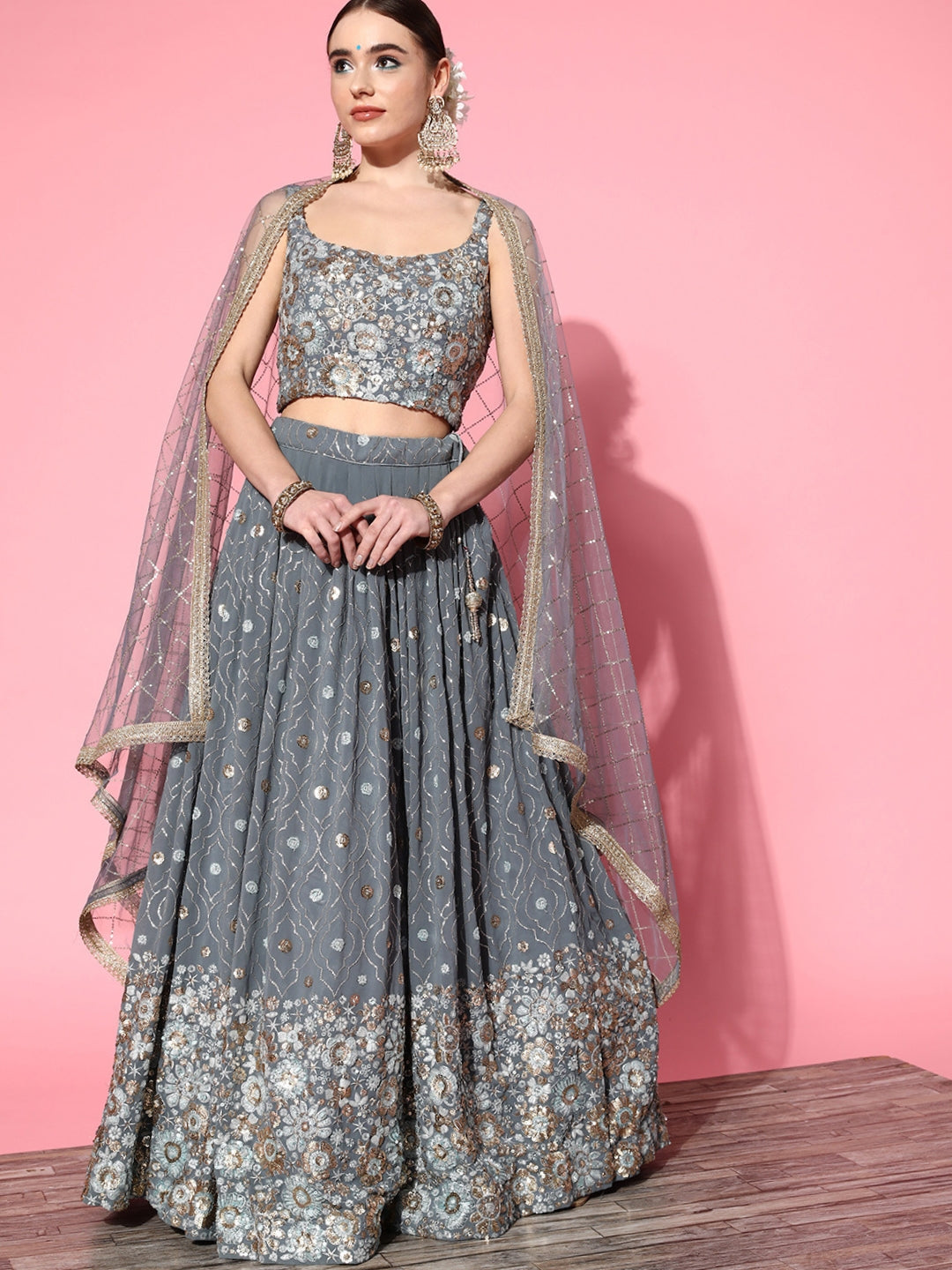 Grey Embellished Crop Top Georgette Lehenga Set with Net Dupatta