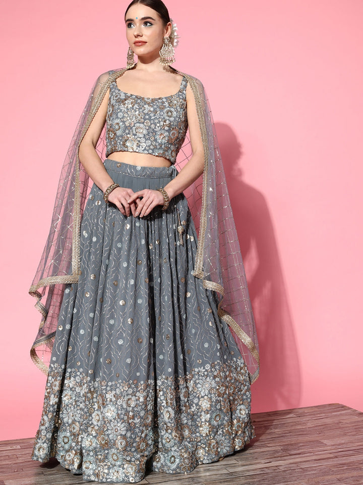 Grey Embellished Crop Top Georgette Lehenga Set with Net Dupatta