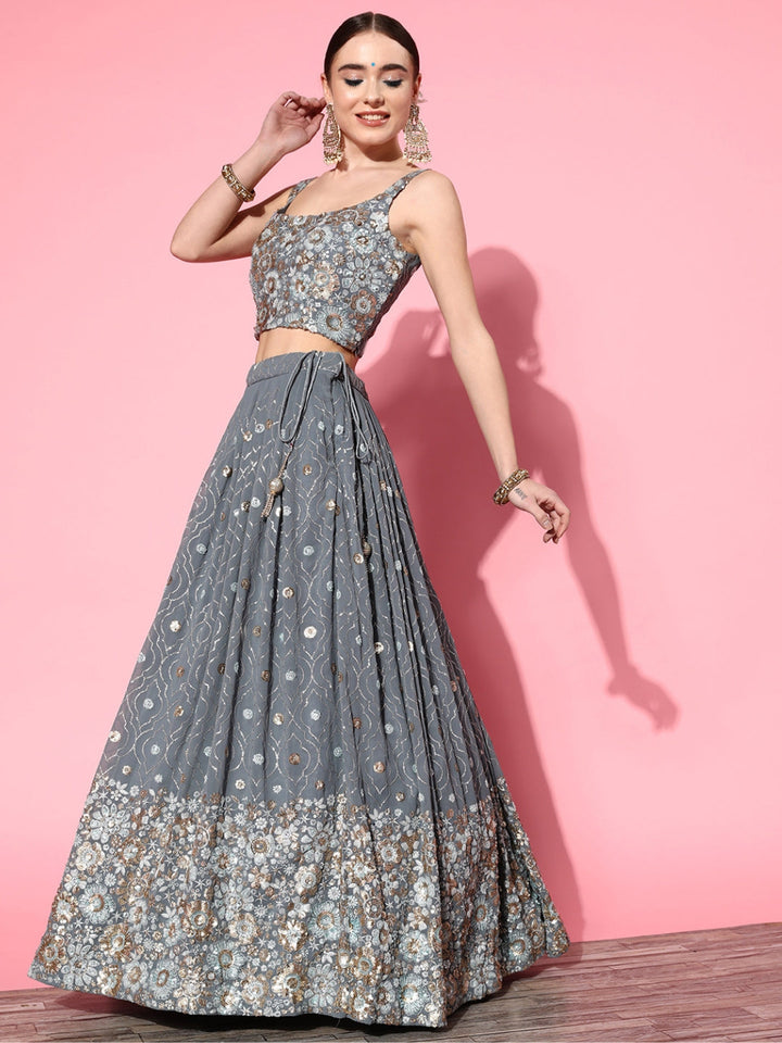 Grey Embellished Crop Top Georgette Lehenga Set with Net Dupatta