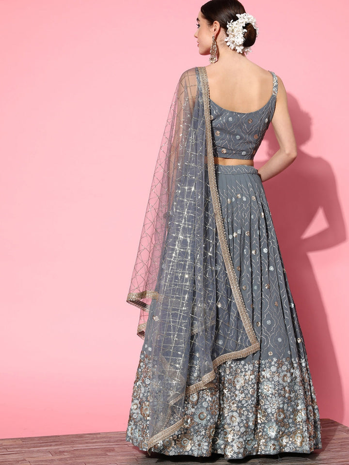 Grey Embellished Crop Top Georgette Lehenga Set with Net Dupatta