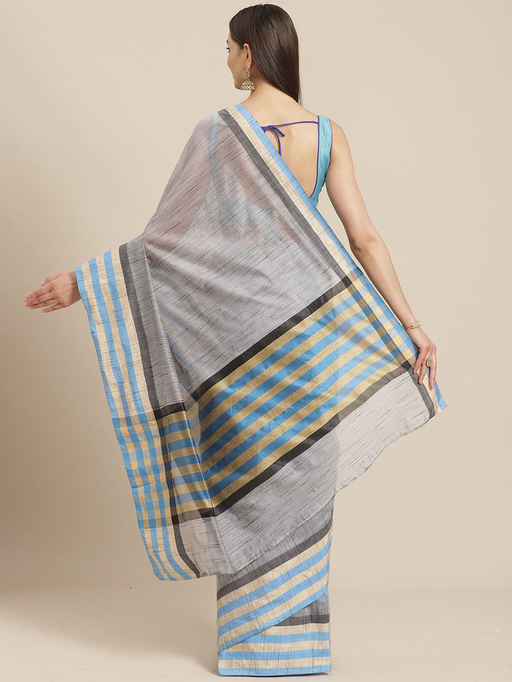 Grey Mangalagiri Jute Silk Saree with Colorblocked Contrast Color Striped Border & Pallu