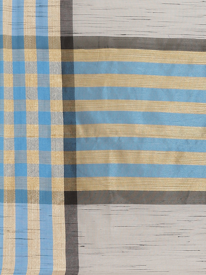 Grey Mangalagiri Jute Silk Saree with Colorblocked Contrast Color Striped Border & Pallu