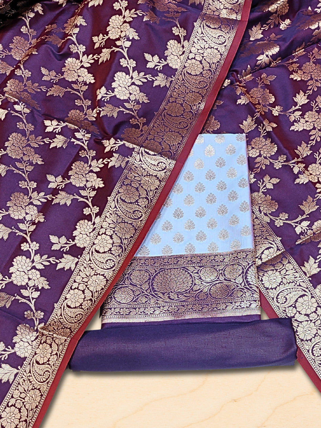 Banarasi Handloom Dress Material with Contrast Color Weaving & Floral Tasseled Dupatta