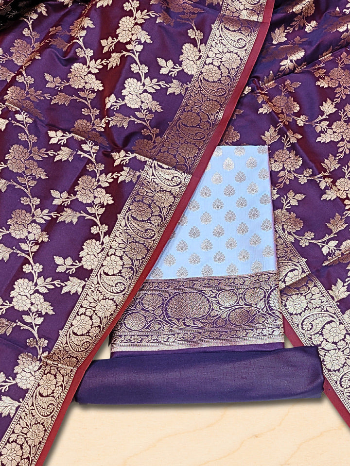 Banarasi Handloom Dress Material with Contrast Color Weaving & Floral Tasseled Dupatta