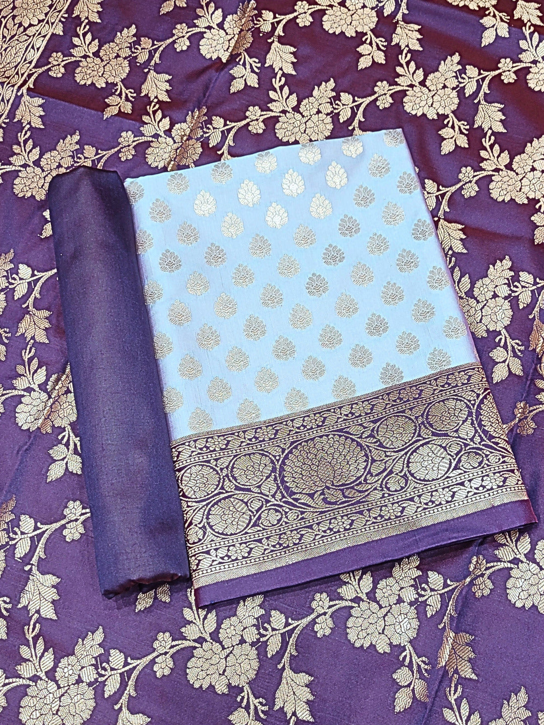 Banarasi Handloom Dress Material with Contrast Color Weaving & Floral Tasseled Dupatta