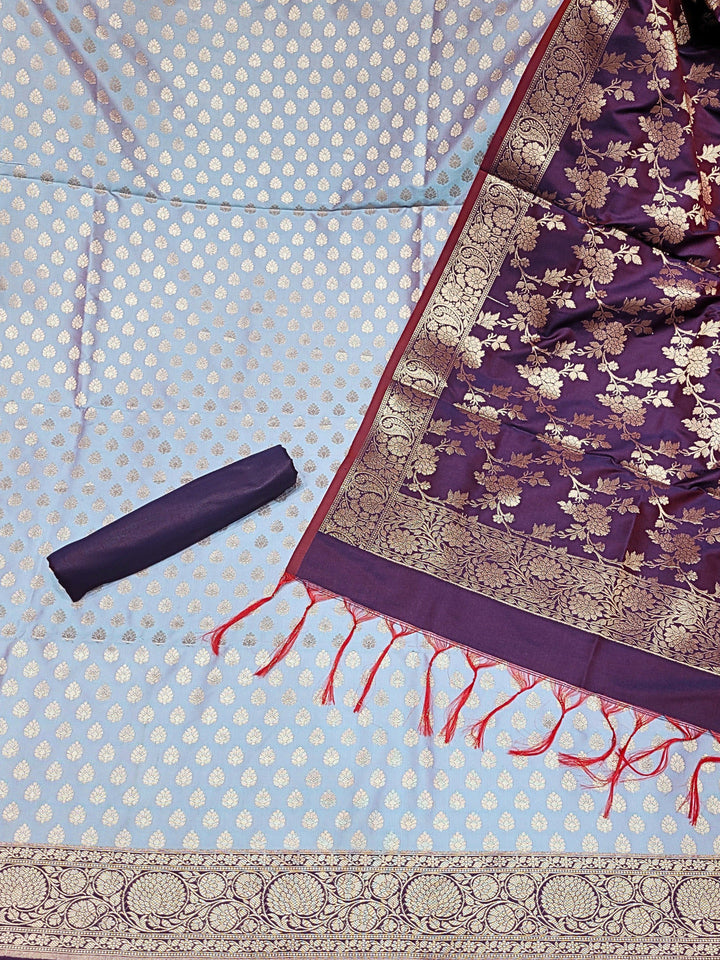 Banarasi Handloom Dress Material with Contrast Color Weaving & Floral Tasseled Dupatta