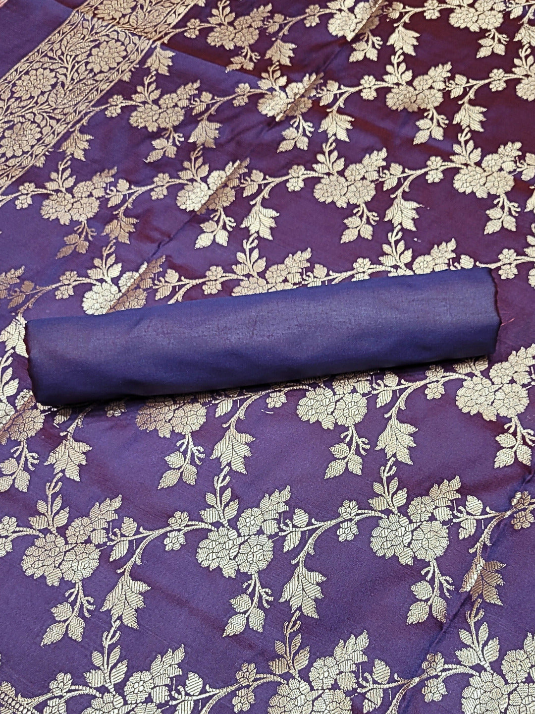 Banarasi Handloom Dress Material with Contrast Color Weaving & Floral Tasseled Dupatta
