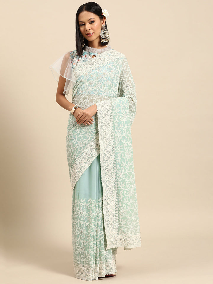 Pastel Green Thread Chicken Embroidered Georgette Party Wear Saree