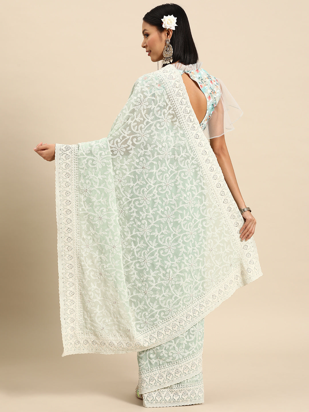 Pastel Green Thread Chicken Embroidered Georgette Party Wear Saree