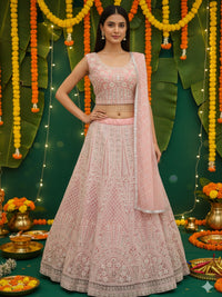 Chhabra 555 Pastel Heavy Mirror & Aari Floral Embroidered Net Lehenga Set with Sequinned Dupatta