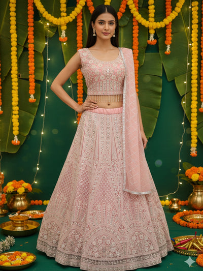 Chhabra 555 Pastel Heavy Mirror & Aari Floral Embroidered Net Lehenga Set with Sequinned Dupatta