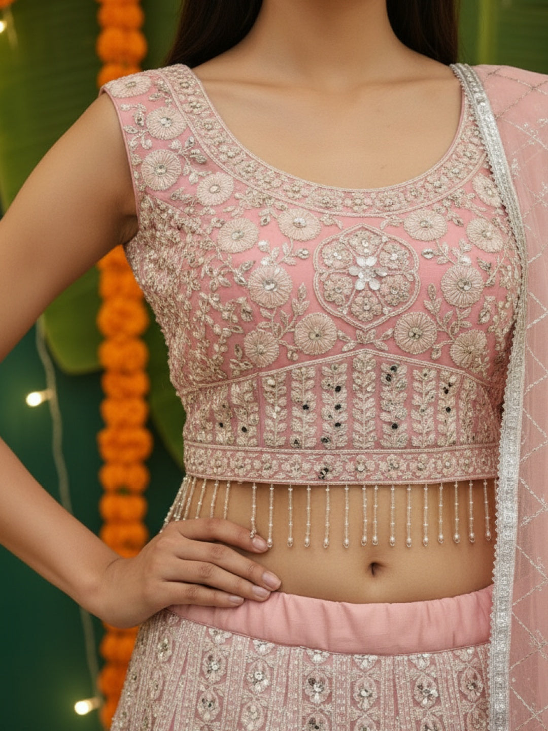 Pastel Heavy Mirror & Aari Floral Embroidered Net Lehenga Set with Sequinned Dupatta