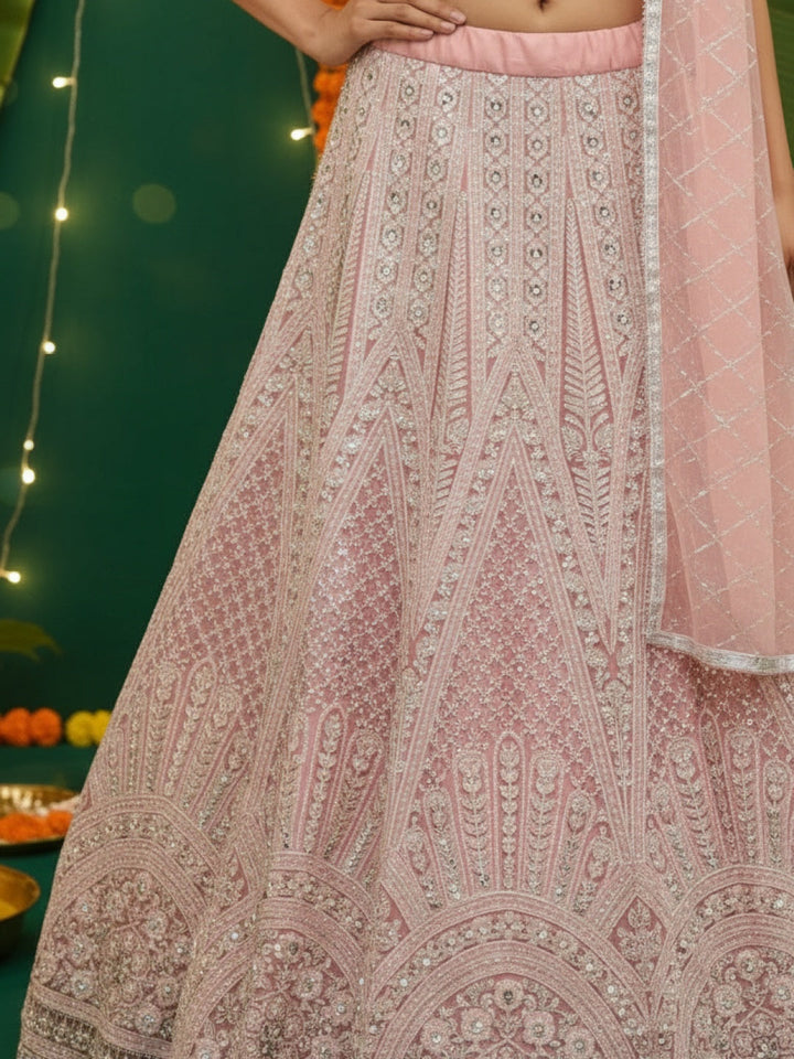 Pastel Heavy Mirror & Aari Floral Embroidered Net Lehenga Set with Sequinned Dupatta