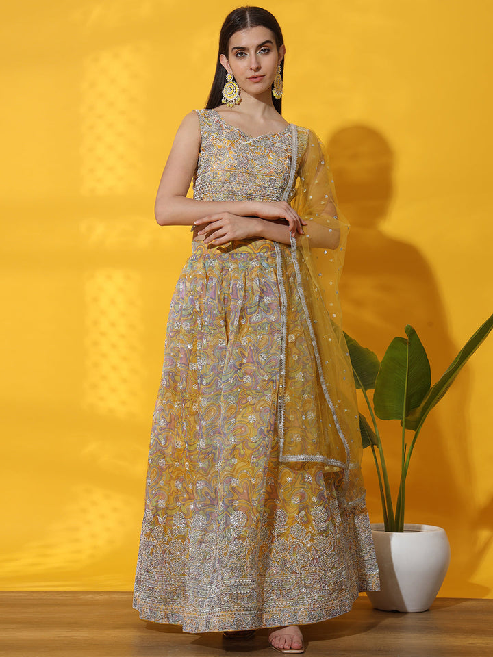 Digital Print Organza Lehenga set with Floral Rubber Print Blouse