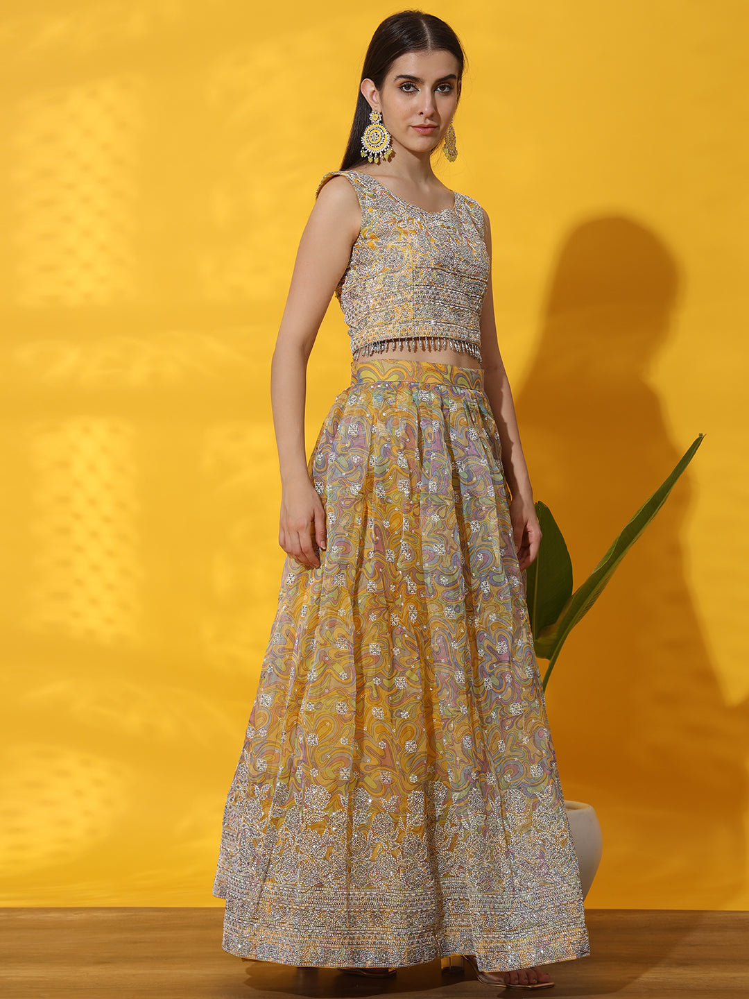 Digital Print Organza Lehenga set with Floral Rubber Print Blouse