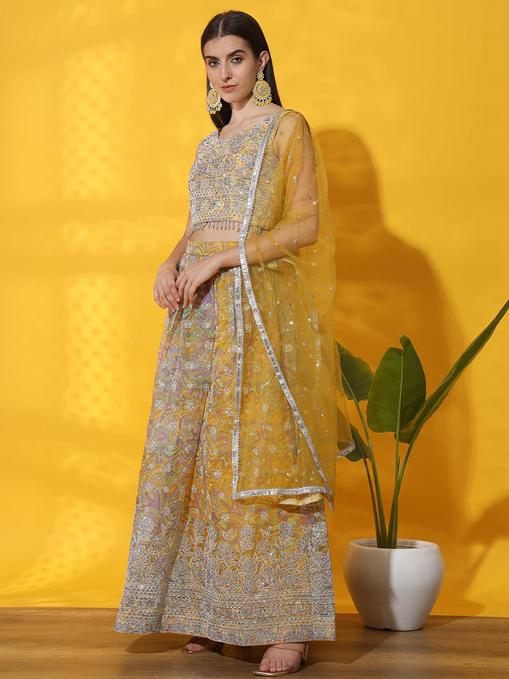 Digital Print Organza Lehenga set with Floral Rubber Print Blouse