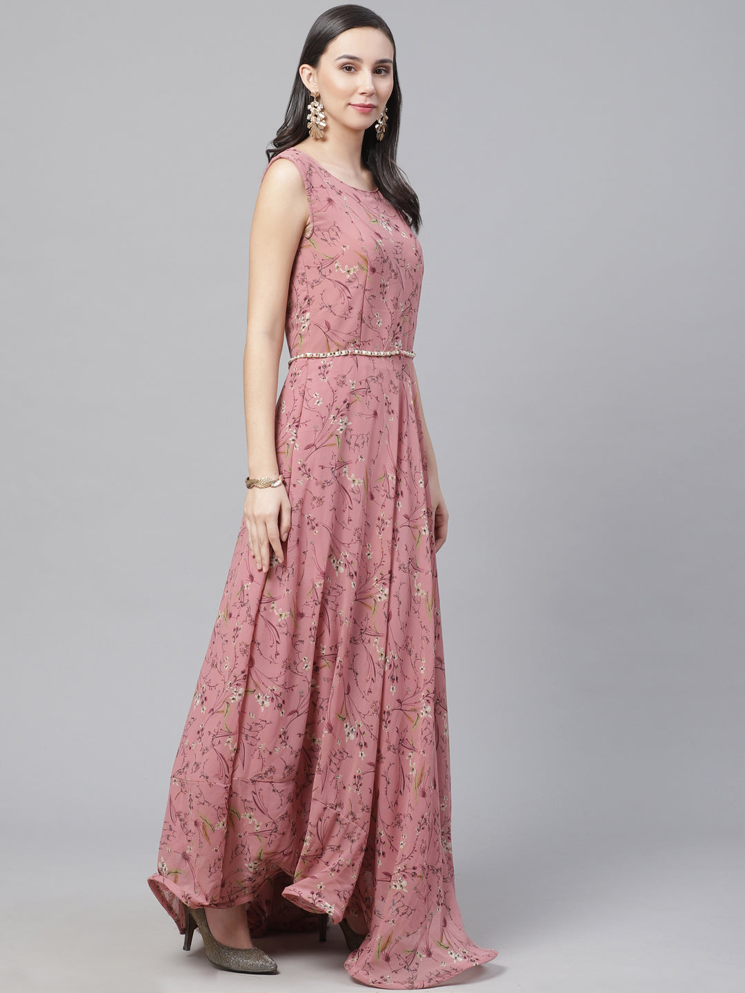 Made to Measure Rose Gold Gown with Digital Floral Print & Embellished Belt, Dupatta