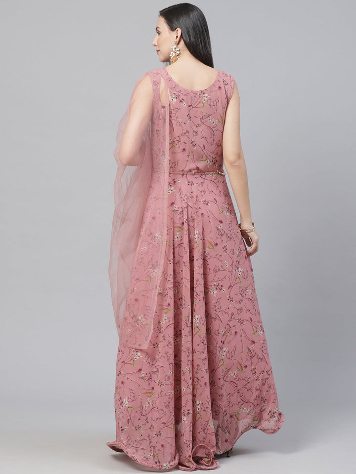 Made to Measure Rose Gold Gown with Digital Floral Print & Embellished Belt, Dupatta