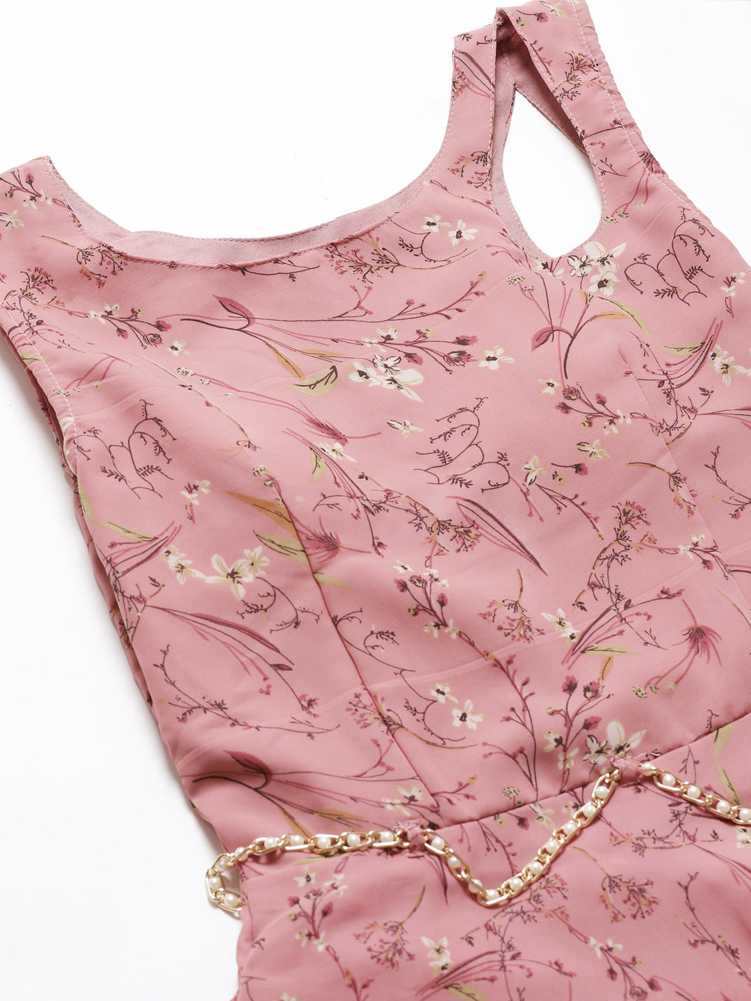 Made to Measure Rose Gold Gown with Digital Floral Print & Embellished Belt, Dupatta