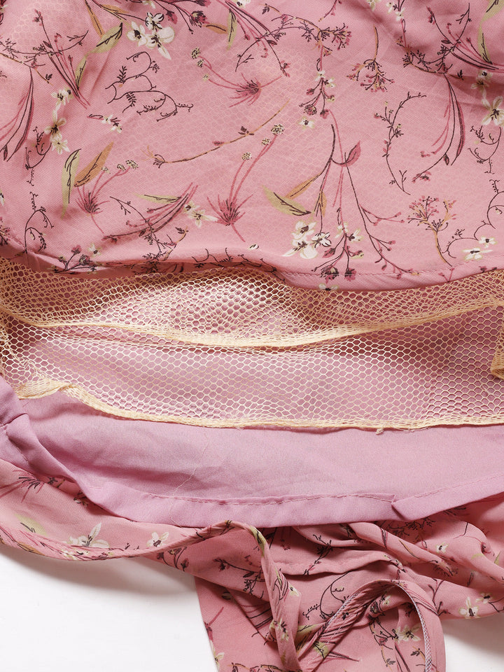 Made to Measure Rose Gold Gown with Digital Floral Print & Embellished Belt, Dupatta