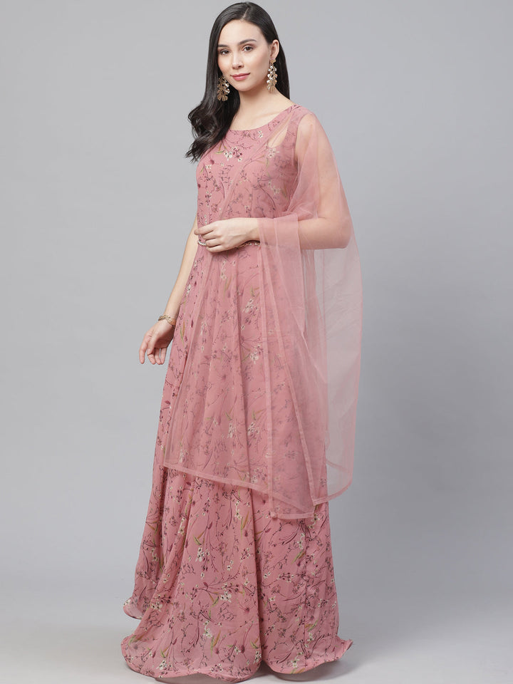Made to Measure Rose Gold Gown with Digital Floral Print & Embellished Belt, Dupatta