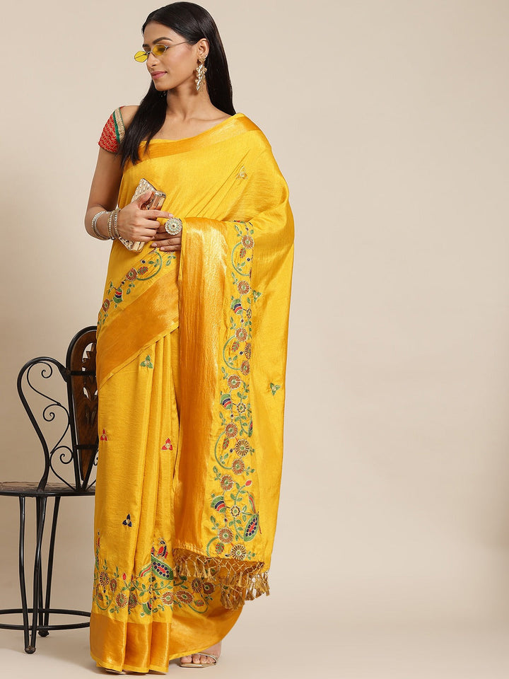 Mustard Silk Multicolor Embroidery Peacock Motifs Traditional Saree