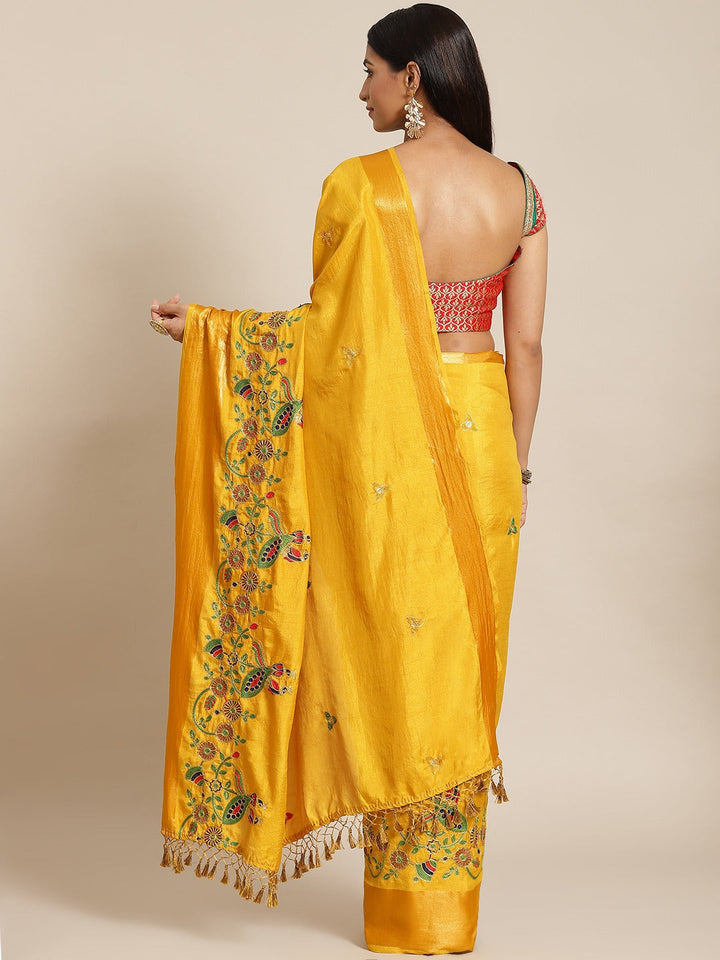 Mustard Silk Multicolor Embroidery Peacock Motifs Traditional Saree