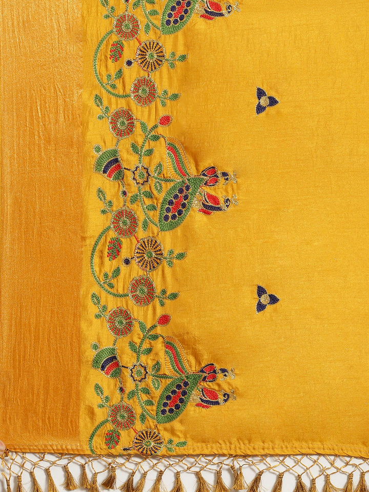 Mustard Silk Multicolor Embroidery Peacock Motifs Traditional Saree