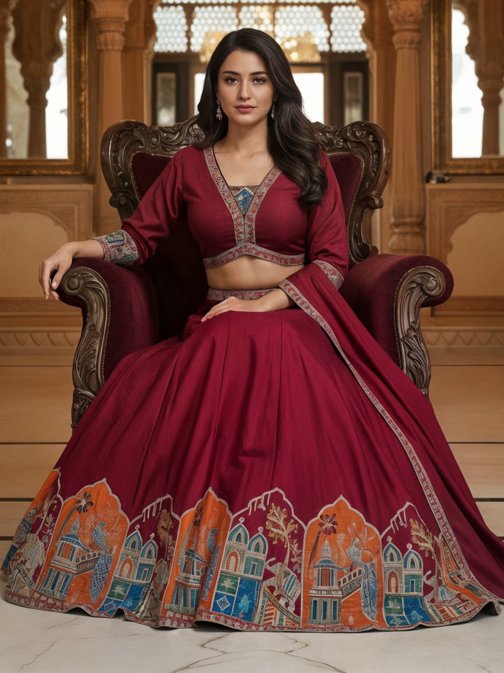 Resham Embroidered Kalidar Lehenga Choli Set with Animal & Peacock motifs