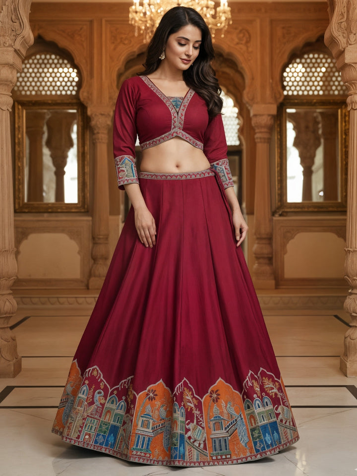 Resham Embroidered Kalidar Lehenga Choli Set with Animal & Peacock motifs