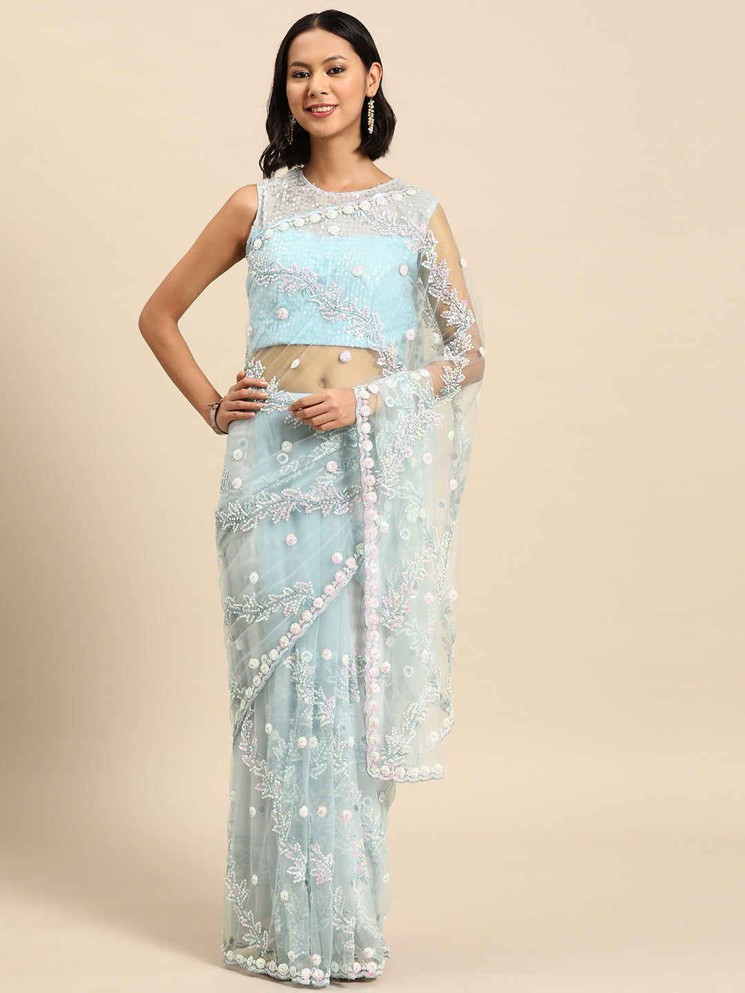 Pastel Multicolor Sequences Embellished Net Saree With Cutwork Border