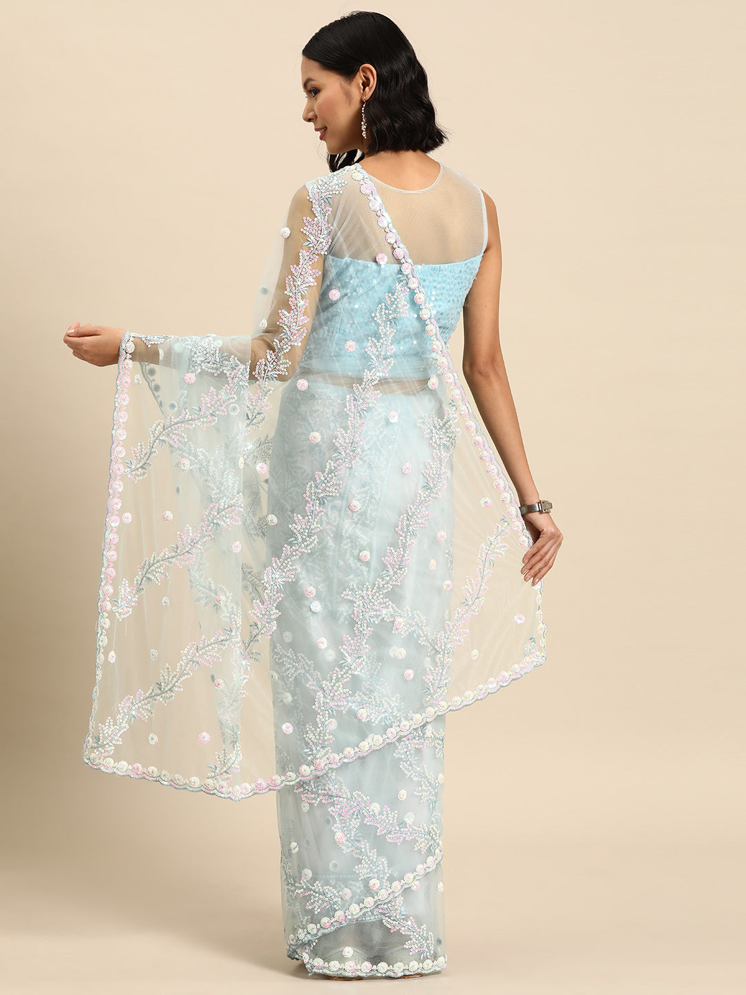 Pastel Multicolor Sequences Embellished Net Saree With Cutwork Border