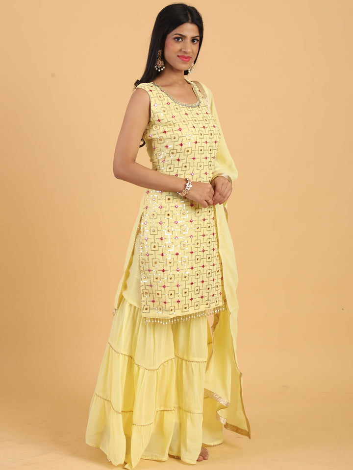 Yellow Resham & Sequin Embellished Georgette Kurta Sharara Dupatta Set